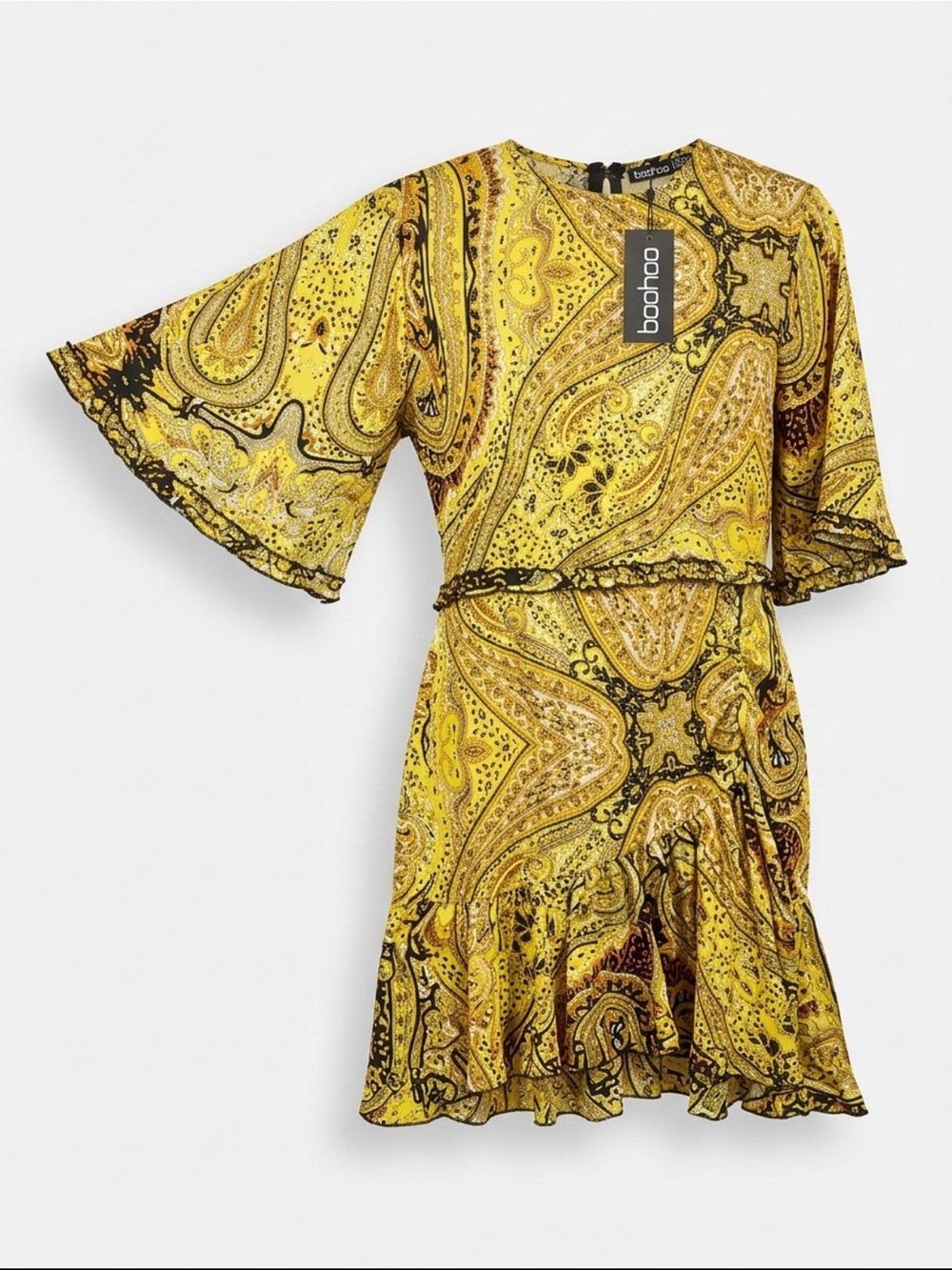 NWT Boohoo Yellow Paisley Ruffle Detail Chiffon Tea Mini Dress Size UK 16 / US 1